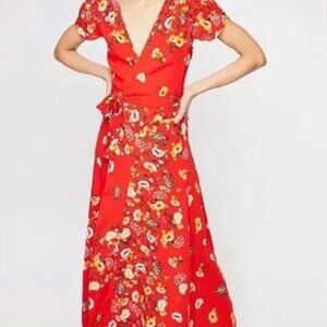 Free People Red Floral Wrap Dress Size Large Women's Short Sleeve Tulip Hem